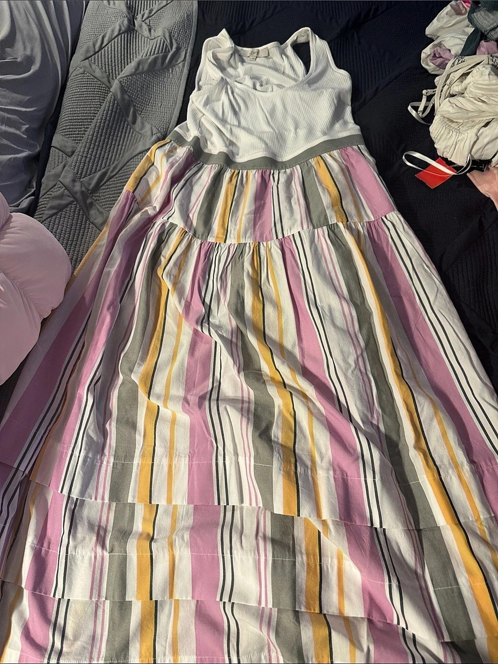 LOFT Striped Tiered Midi Dress in Pink & White Size 10 Like New